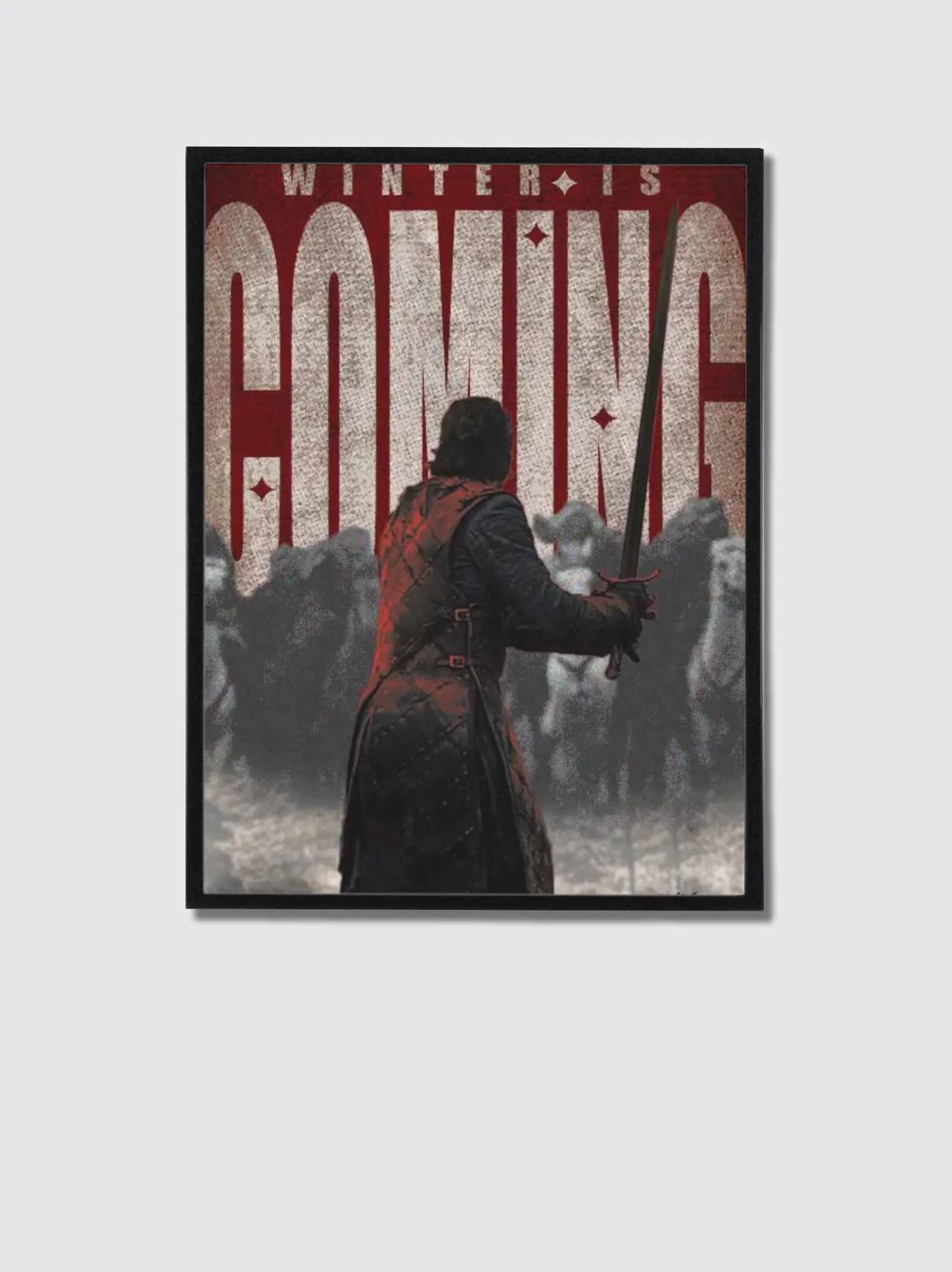 Game of Thrones – Winter is Coming — Epic retro-style Jon Snow poster captured mid-battle under bold typography. Essential statement piece for Game of Thrones fans wanting high-impact decor in game rooms and bedrooms., framed poster
